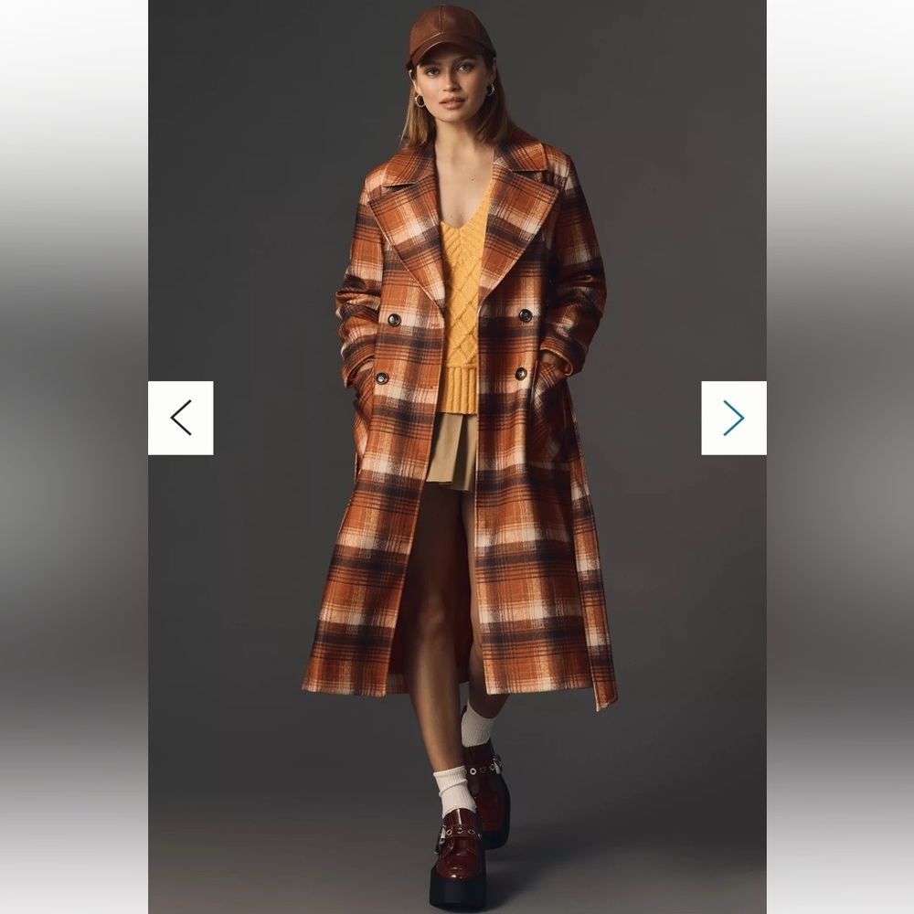 Anthropologie : NVLT Plaid Belted Trench Coat : sunset orange color size: L